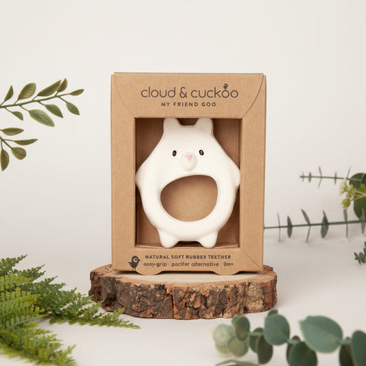 Natural rubber baby teether in avocado shape by Cloud and Cuckoo