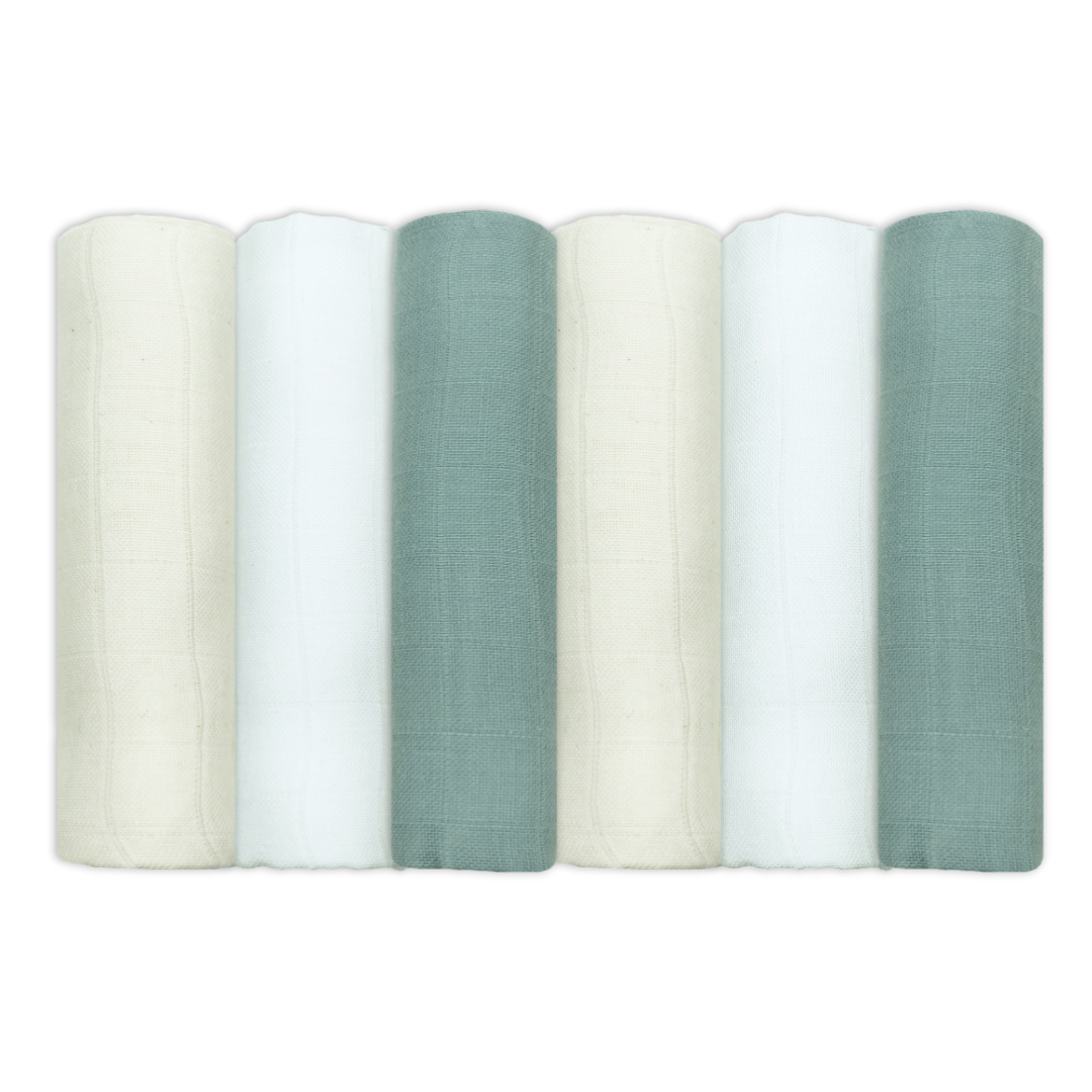 100% cotton muslin cloths pack of 6 in Aqua Neutrals by MuslinZ