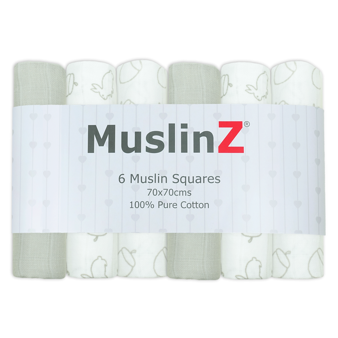 100% cotton muslin cloths pack of 6 in grey woodland combo by Muslinz