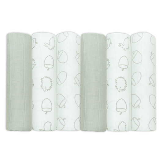 100% cotton muslin cloths pack of 6 in grey woodland combo by Muslinz